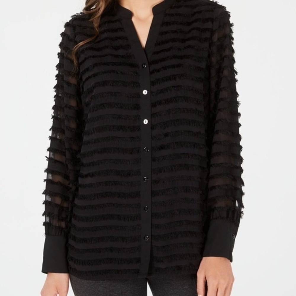 Alfani Fringe-Trim Mandarin Collar Button Up Long Sleeve Blouse Black Sz XXL